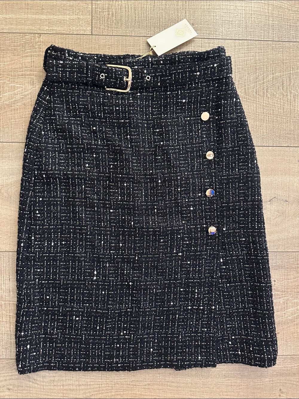 Sheridan French Black Tweed Belted Pencil Skirt with Gold Accent Buttons NWT